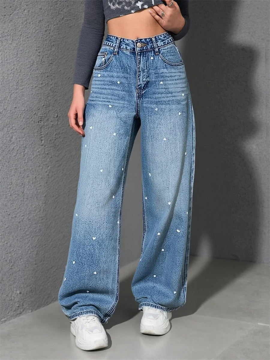 Benuynffy Heart Print High Waist Straight Jeans for Women 2025 New Streetwear Casual All Match Baggy Wide Leg Denim Pants Female