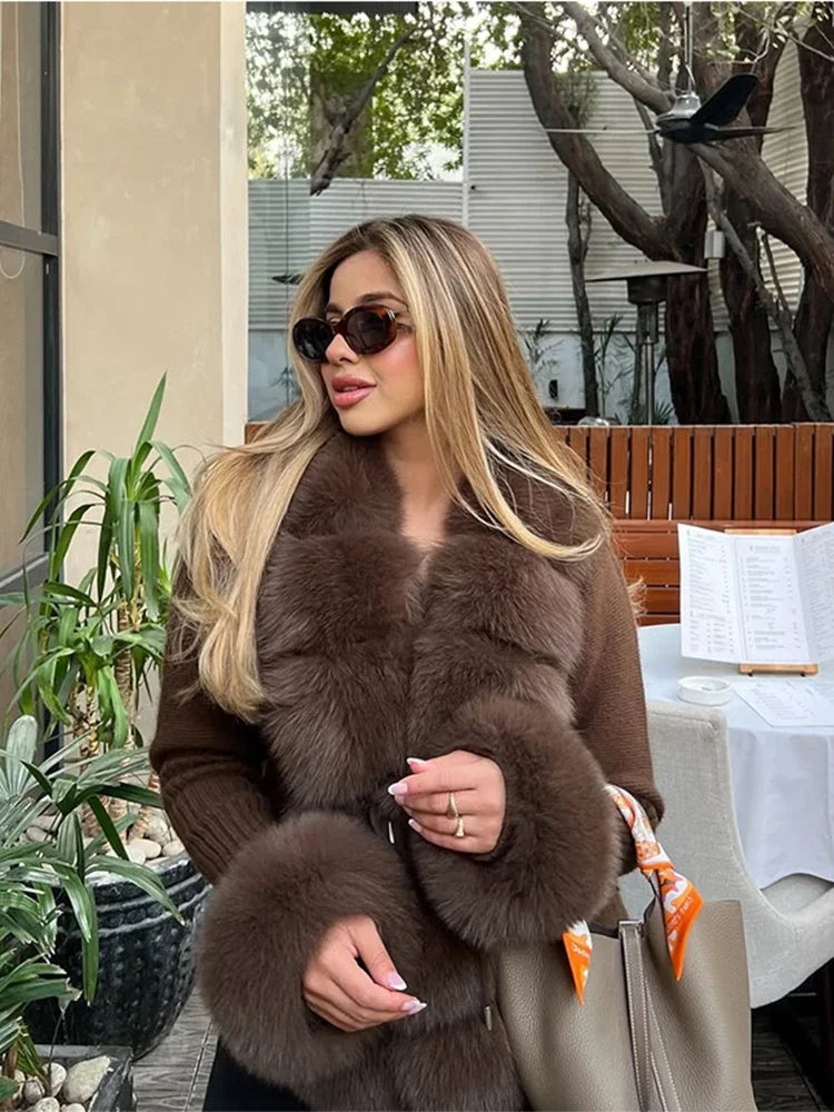 Chic Knitted Faux Fur Patchwork Women's Coat Thicken Warm Lady Coats 2025 Autumn Winter Chic Female Street Outerwears