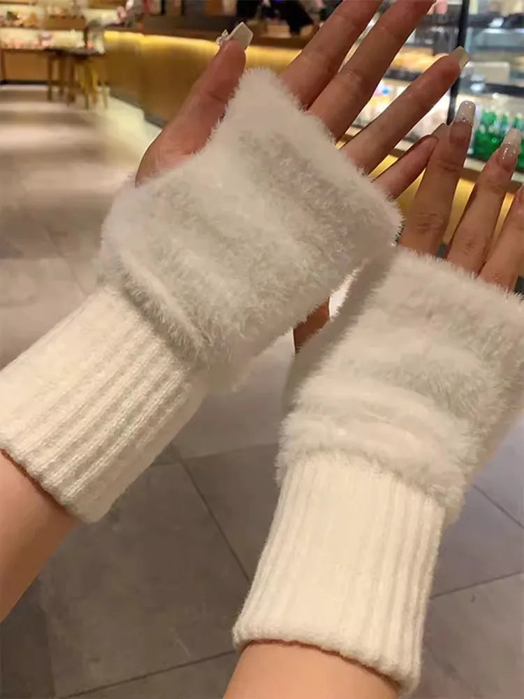 Soft Winter Half Finger Gloves Women Warm Luxury Solid White Plush Knitted Fingerless Gloves Wrist Mittens Writting