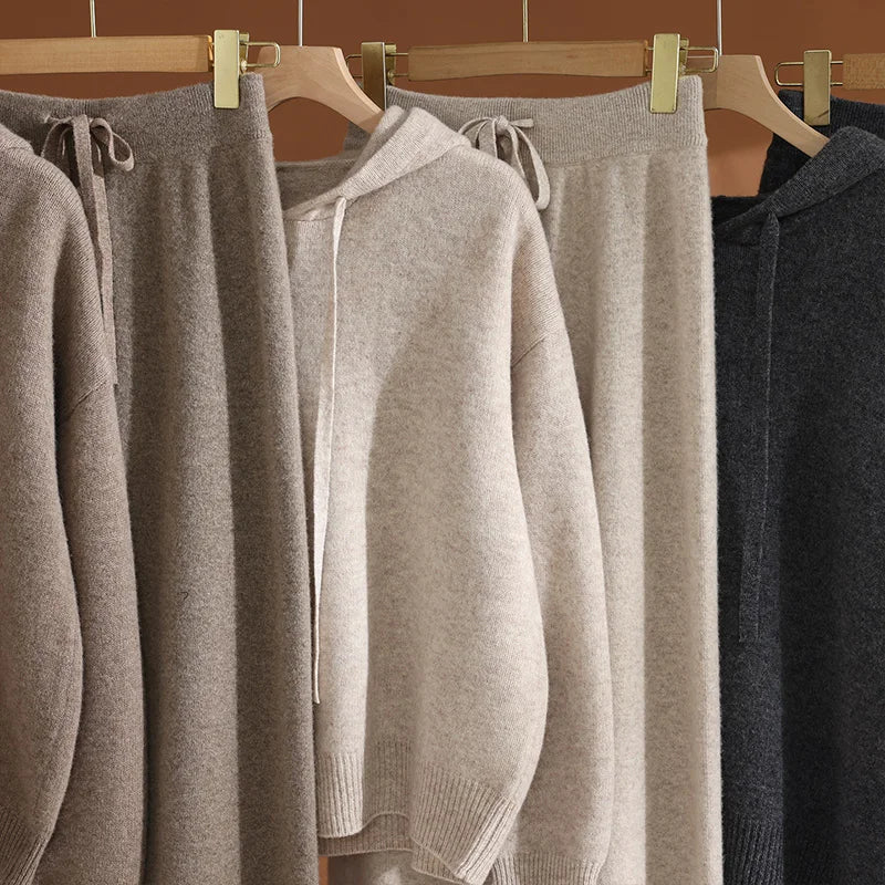 ADDONEE Autumn Winter Women's 100% Wool Set Hoodie Pullover Wide Leg Pants Thick Casual Cashmere Knitwear Sweater Trousers Suit