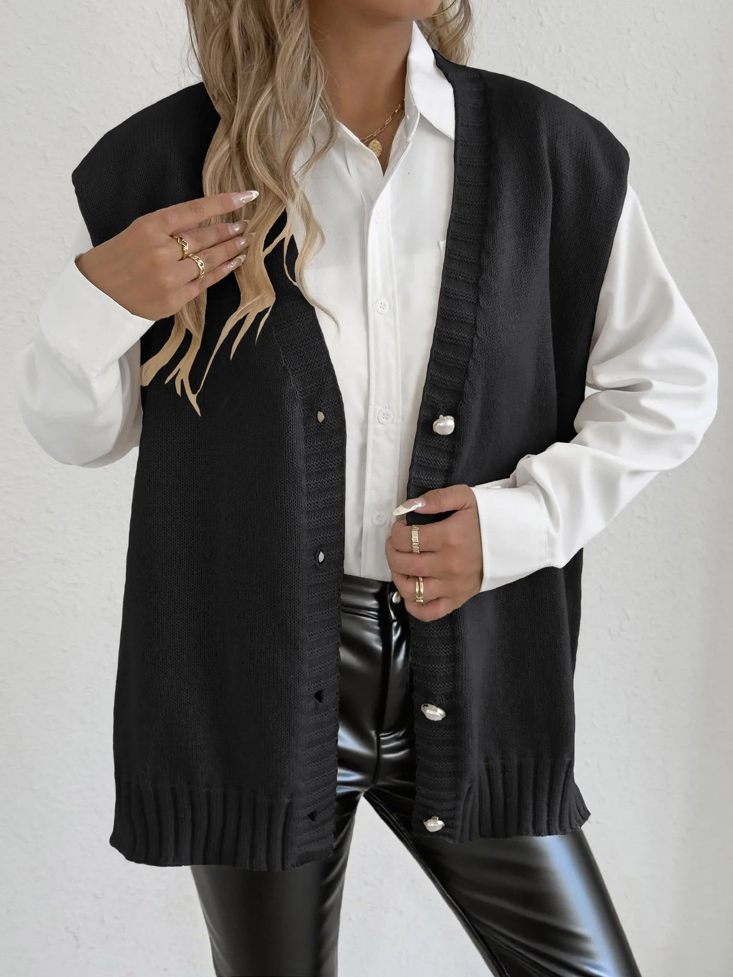 Women's Tops Autumn and Winter Vest Women's Clothing Pearl Button Loose Casual Cardigan Sweater Vest