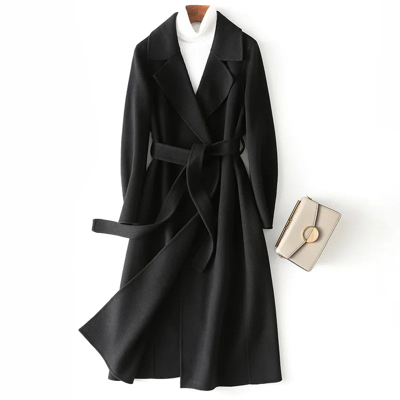 2025 Autumn 100% Wool Coats With Belt Fashion Open Stitch Elegant Woolen Cashmere Coat Veste Femme Tops