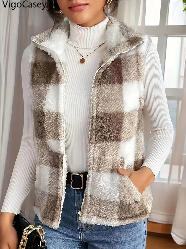 VigoCasey 2025 Plaid Print Sleeveless Vest Coat Woman Zipper Loose Plush Warm Waistcoat Lady Autumn Winter Casual Vest Jacket