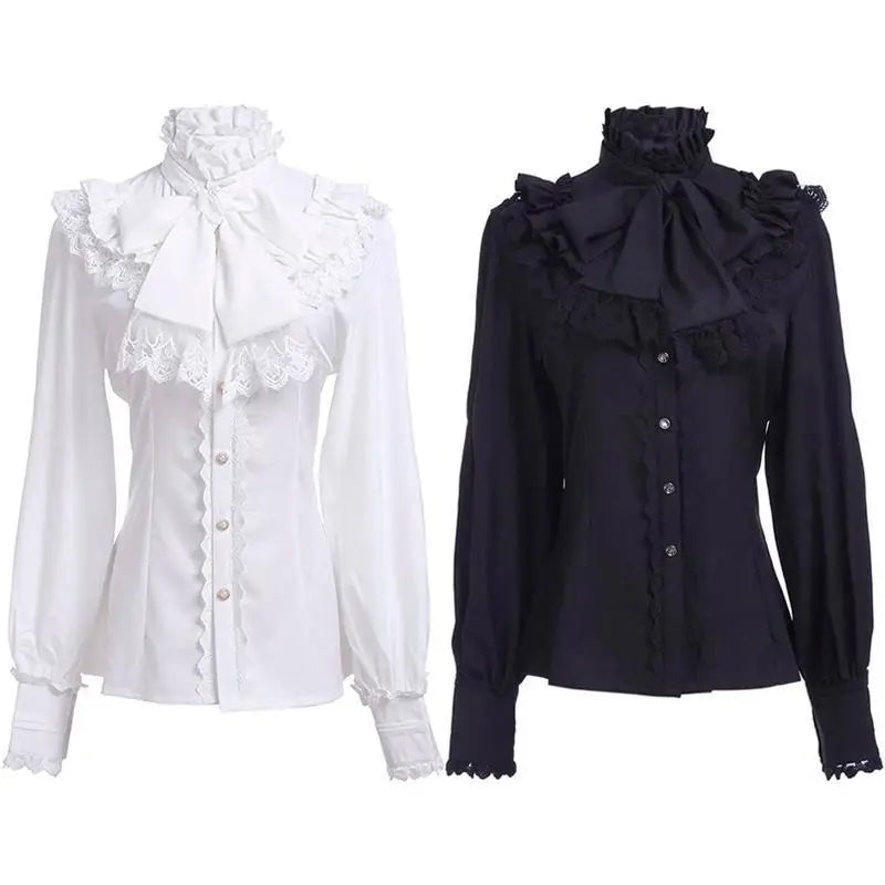 2025 Spring Women's Shirt Medieval Vampire Prince Poet Frills Lace Up Stand Neck Vintage Gothic Blouse Cosplay Performance Tops