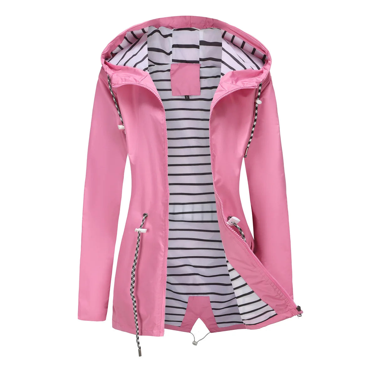 Red Waterproof Hooded Jacket, Women Fashion Casual Coat, Waist Drawstring Tie Zipper Switch Blue Green Yellow Black Windbreaker