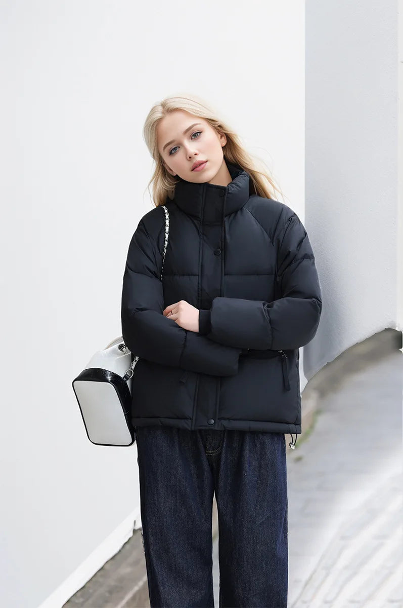 Women's Winter Puffer Coat Stand Collar Zipper Fly Pockets Loose Fit Quilted Coat For Female Thickened Lady's Thermal Coat