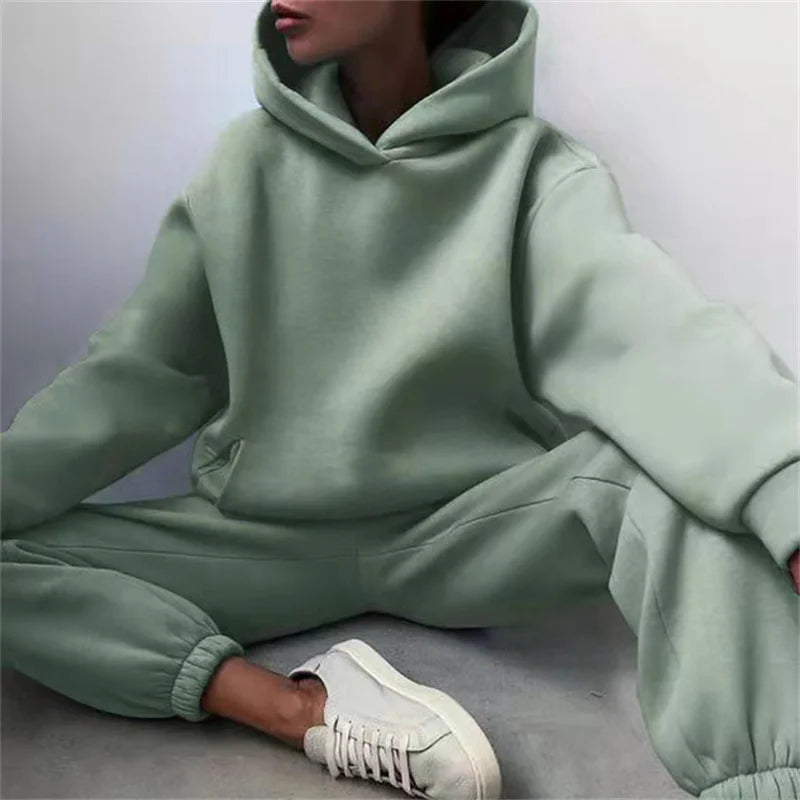 Women's Oversized Tracksuit Set Warm Autumn Fashion Hoodie Sweatshirts & Long Pants Casual Two-Piece Solid Hoody Pullover Outfit