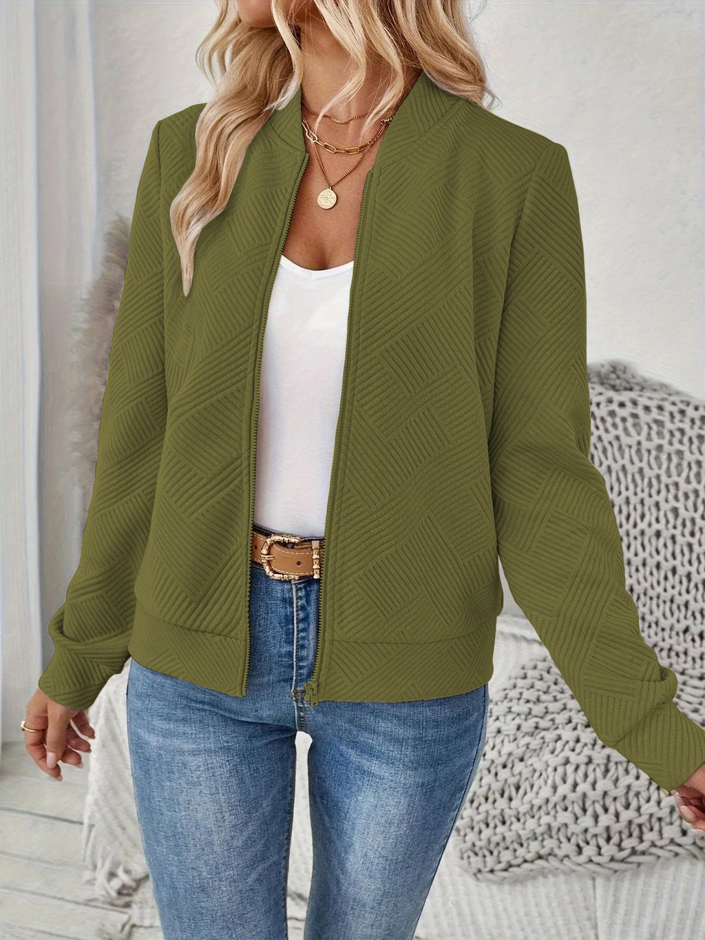 Women's Solid Textured Zip Up Jacket Casual Long Sleeve Mock Neck Outerwear for Spring & Fall  Ladies Clothes for Daily Wear