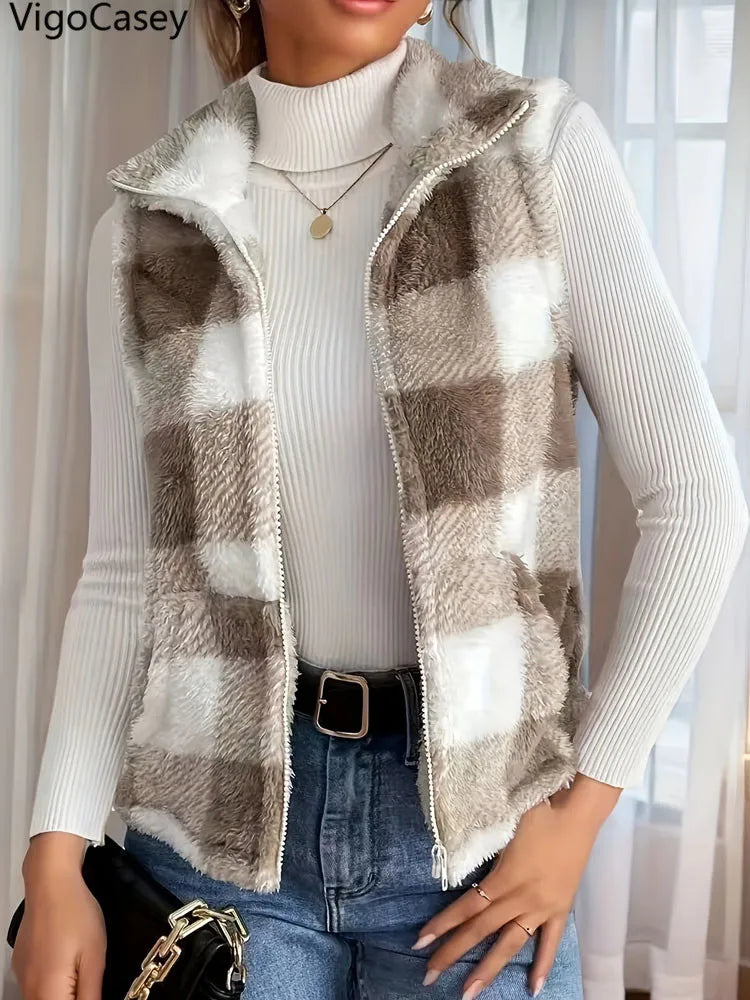 VigoCasey 2025 Plaid Print Sleeveless Vest Coat Woman Zipper Loose Plush Warm Waistcoat Lady Autumn Winter Casual Vest Jacket