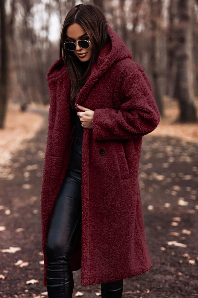 Keep Warm Plush Woolen Coat Women Solid Color Thicken Single Breasted Long Hooded Coats Autumn Winter Female Clothing Streetwear