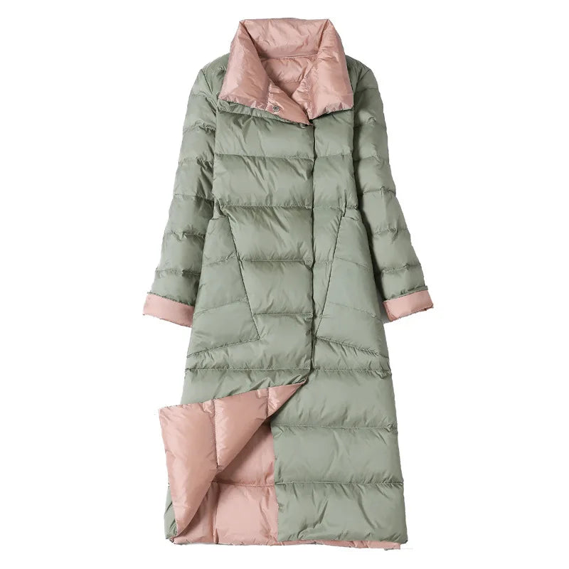 Winter Women White Duck Down Jacket Long Styles Oblique Pocket Lapel Double Sided Coat Female Single Breasted Warm Parka Outwear