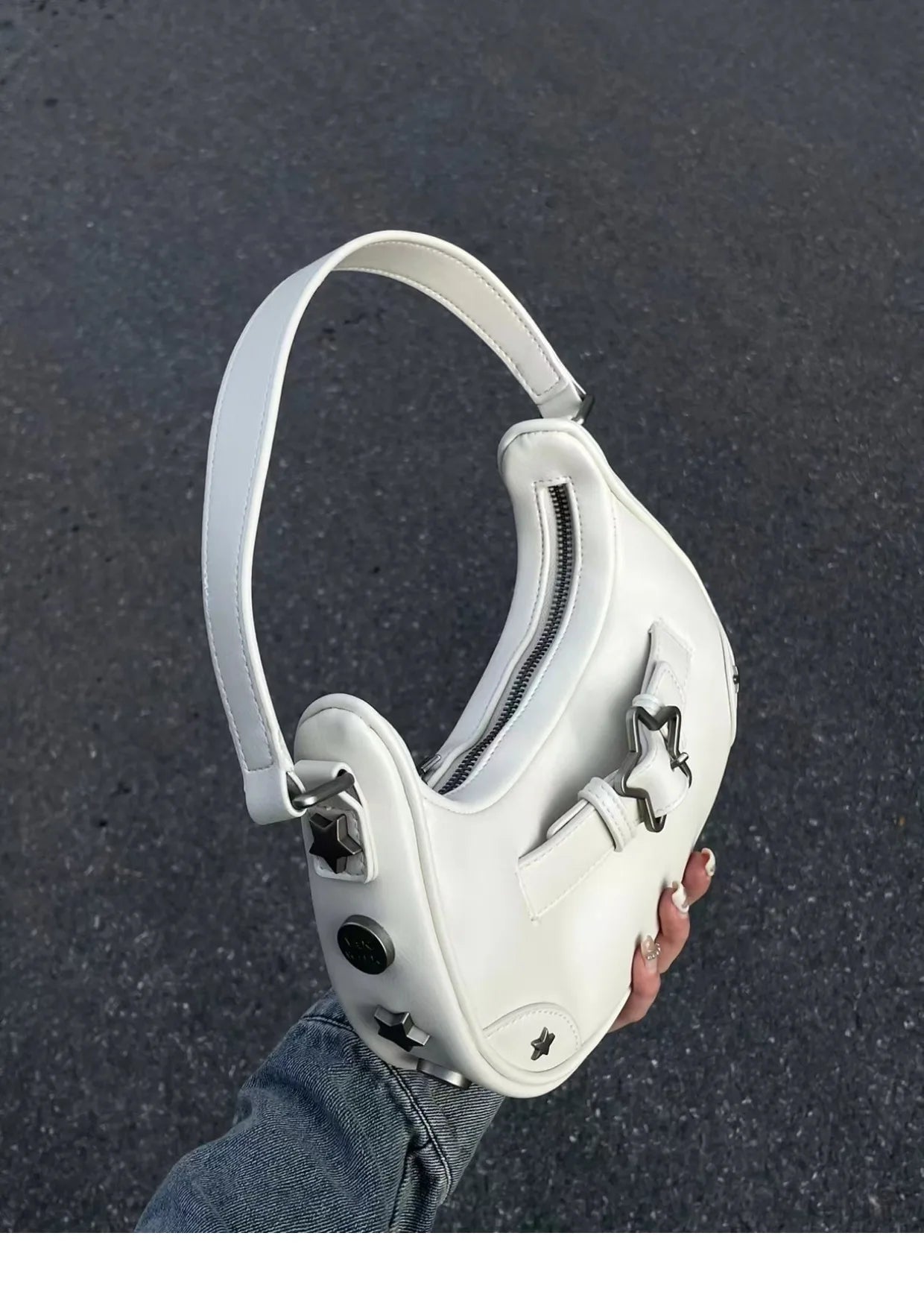 Vintage Korean Casual Cute White Star Shoulder Underarm Tote Bag Ladies Sling Bags Leather Zip Purses  Handbags Women