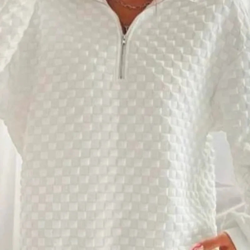 Spring and Autumn Women's Pullover Stand Neck Zipper Solid Plaid Lantern Long Sleeve T-shirt Hoodies Vintage Fashion Casual Tops