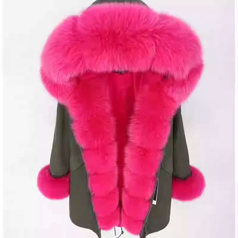 MaoMaoKong Natural Real Fox Fur Jacket Hooded Black Waterproof Woman Winter Warm Coat Parkas Luxury Jacket Female Clothing