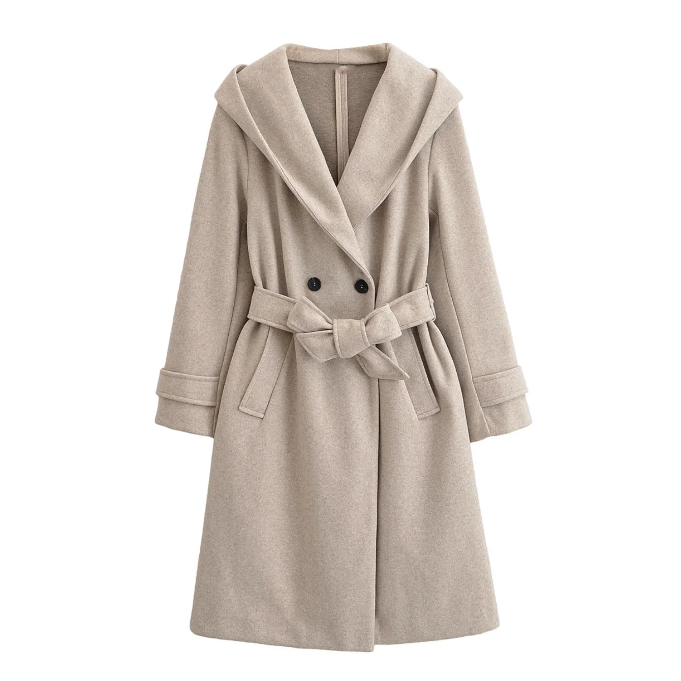 Women Autumn Winter Long Woolen Coats Vintage Solid Hooded Sashes Trench Coat Female Elegant Streetwear Outerwear Clothing