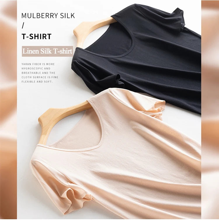 Summer Short Sleeve T-Shirt Women Tee Shirts Real Silk Linen Cotton T Shirt Women's Casual Tees V-neck Woman Tshirt Solid Tops