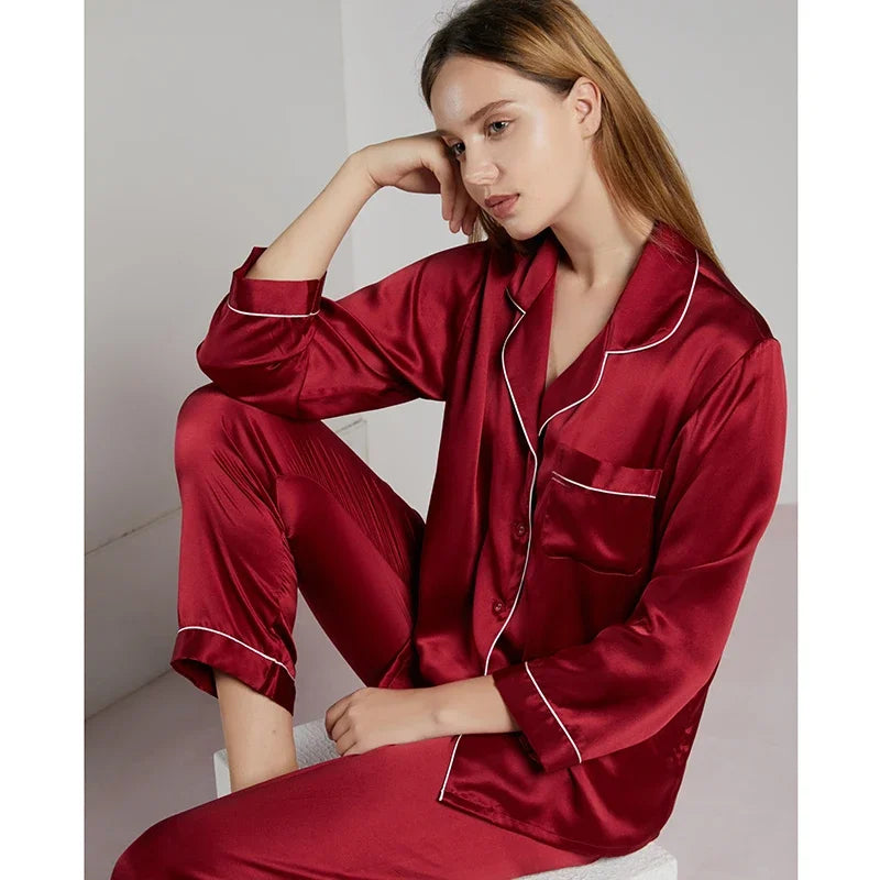 19MM 100% Mulberry Silk Pajamas Women   TrousersTwo-piece Loose   Home Clothes Spring Summer Silk Sleepwear Lady