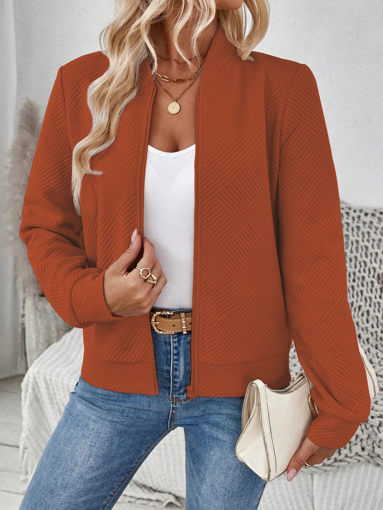 Women's Solid Textured Zip Up Jacket Casual Long Sleeve Mock Neck Outerwear for Spring & Fall  Ladies Clothes for Daily Wear