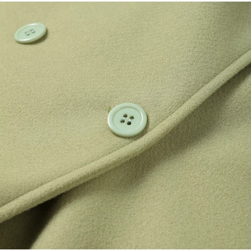 Elegant Grey Belt Long Faux Wollen Coat Women Lapel Double Breasted Street Coats Female 2025 Autumn Winter New Lady Peacoat