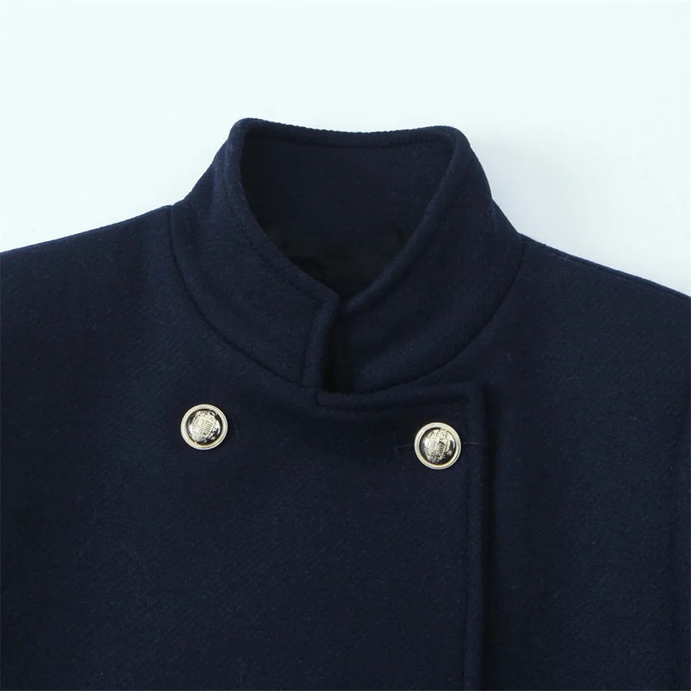 gold button up stand up collar solid color coat for autumn and winter, new double breasted jacket for women