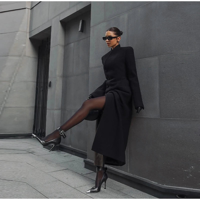 Faux Fur Parka Women Shoulder Pad Slim Waist Long Sleeves One Button Coats Female 2025 Winter Warm Solid Casual Outwears Lady