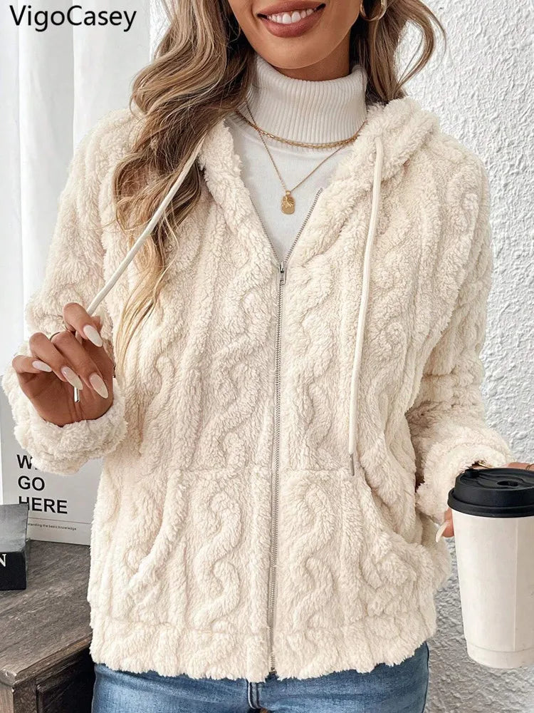 VigoCasey 2025 Women Autumn White Zipper Jacket White Long Sleeve Thick Plush Warm Coat Loose Winter Soft Lady Short Hooded Coat