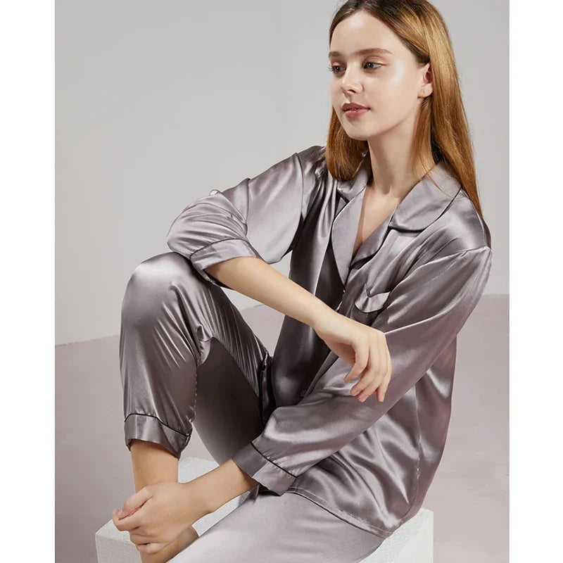 19MM 100% Mulberry Silk Pajamas Women   TrousersTwo-piece Loose   Home Clothes Spring Summer Silk Sleepwear Lady