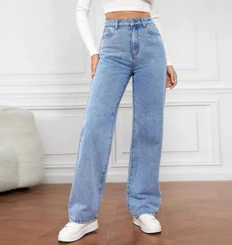 High Waist Loose Fit plus Size Denim Jeans Women's Commuter Straight Leg Pants Casual Sle Polyester Fiber