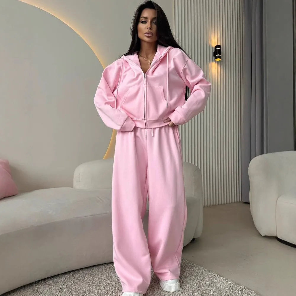 2025 Woman 2 Piece Set Outfit Sports Suit Long-sleeved Zipper Cardigan Hooded Sweatshirt Lace-up Trousers Two-piece Set Trendy