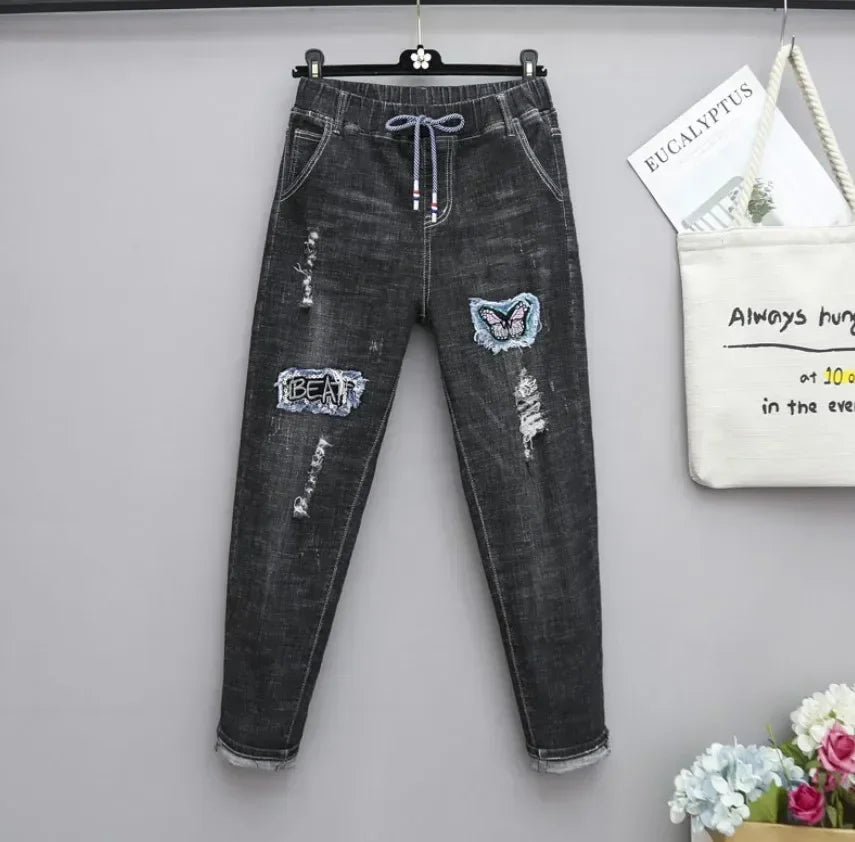XL-6XL Plus Size jeans for Women Mom Jeans Woman Elastic High Waist Blue BaggyJeans Denim Ripped Jeans Female Harem Pants