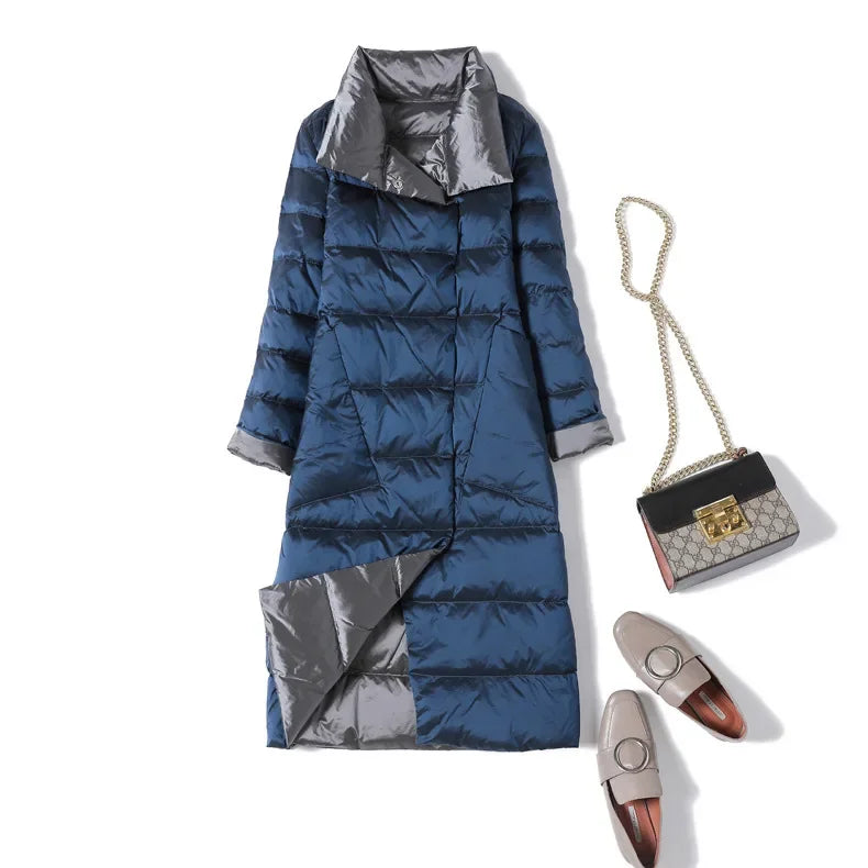 Winter Women White Duck Down Jacket Long Styles Oblique Pocket Lapel Double Sided Coat Female Single Breasted Warm Parka Outwear