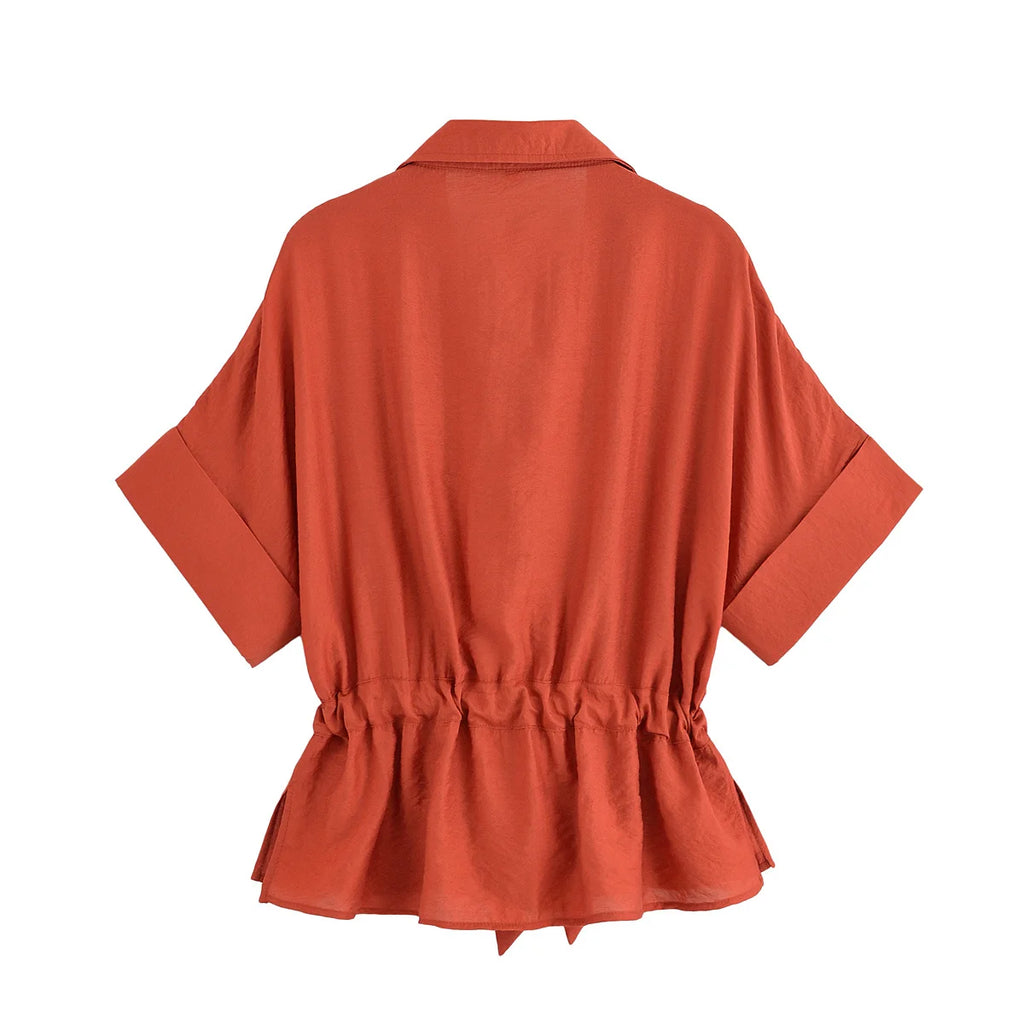 Women Adjustable Drawstring Waist Safari Shirt Short Sleeve Lapel Collar With   Pockets Loose Blouse Streetwear Lady Shirts