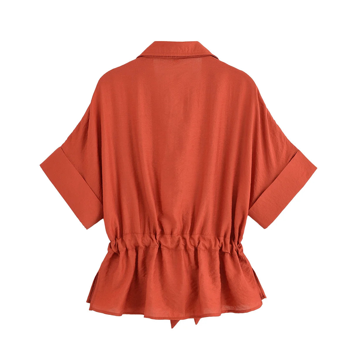 Women Adjustable Drawstring Waist Safari Shirt Short Sleeve Lapel Collar With   Pockets Loose Blouse Streetwear Lady Shirts