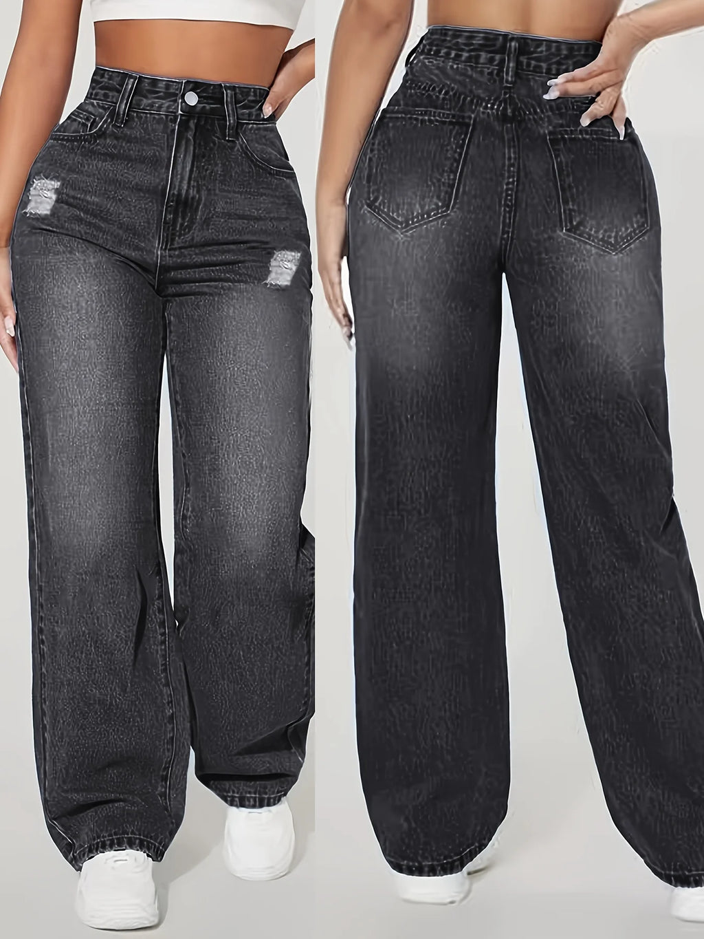 Loose Fit Elastic Fashionable Wide Leg Jeans, Blue Distressed Loose Wide Leg Jeans