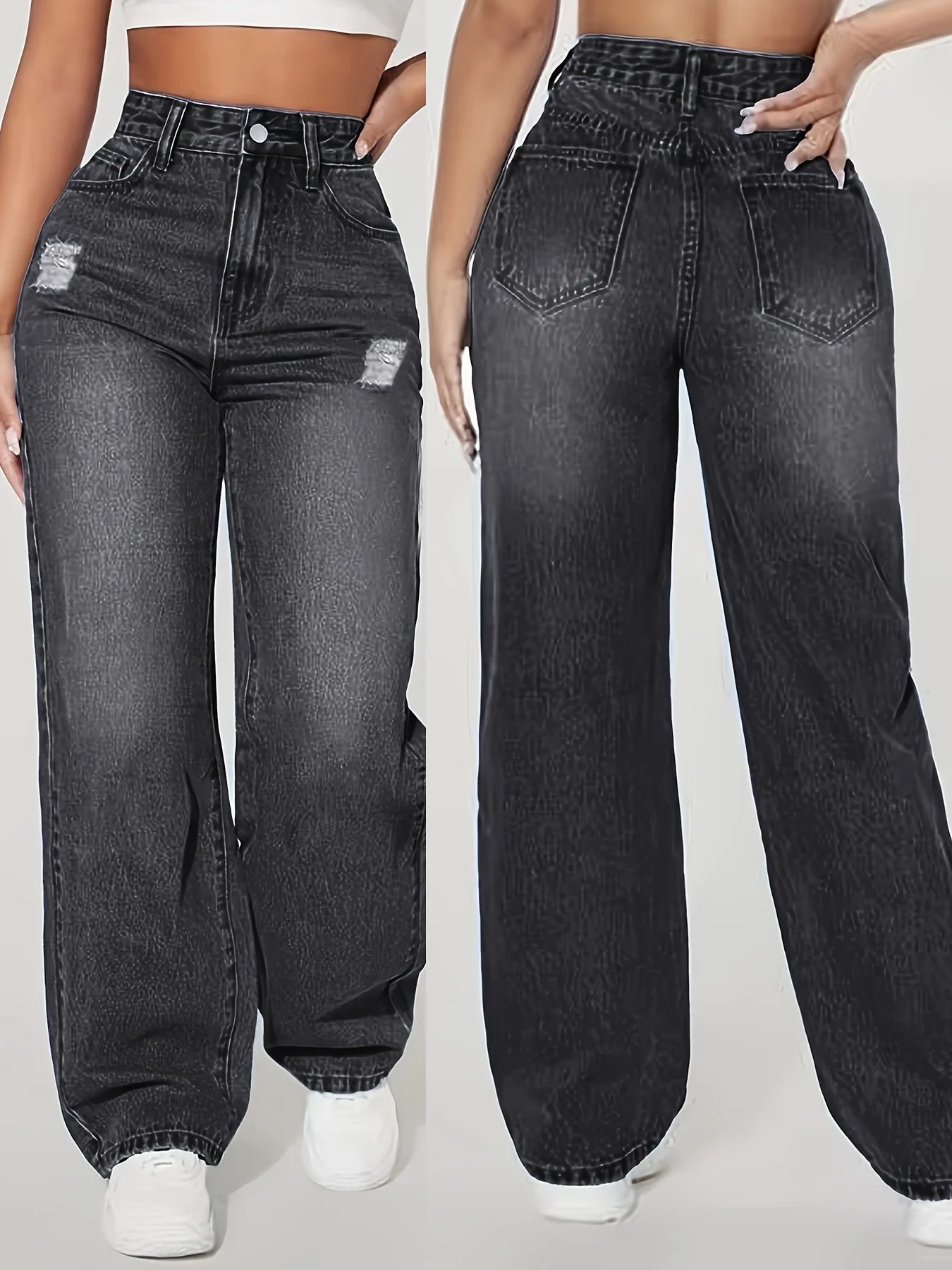 Loose Fit Elastic Fashionable Wide Leg Jeans, Blue Distressed Loose Wide Leg Jeans