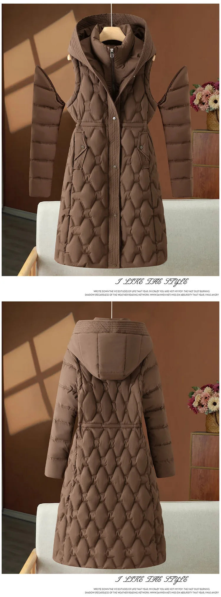 Women Parkas Coats Long Jackets Detachable Hooded Solid Zipper Pocket Cinched Waist Long Sleeves Loose Thick Casual 2025 Winter