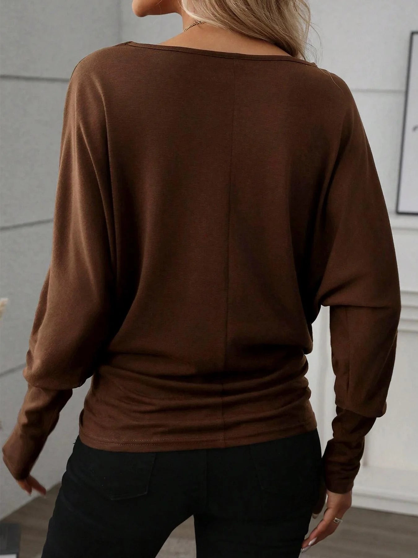 Women's Batwing Sleeve Solid Color T-Shirt, Elastic Long Sleeve Top, Casual Fashion Warm Base Layer, Perfect for Daily Wear & Pa