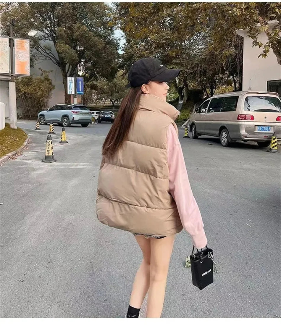 New in Autumn Winter Women Loose Fashion Stand Collar Elegant Down Coats Warm Outerwear Casual Sleeveless female Vests Jackets