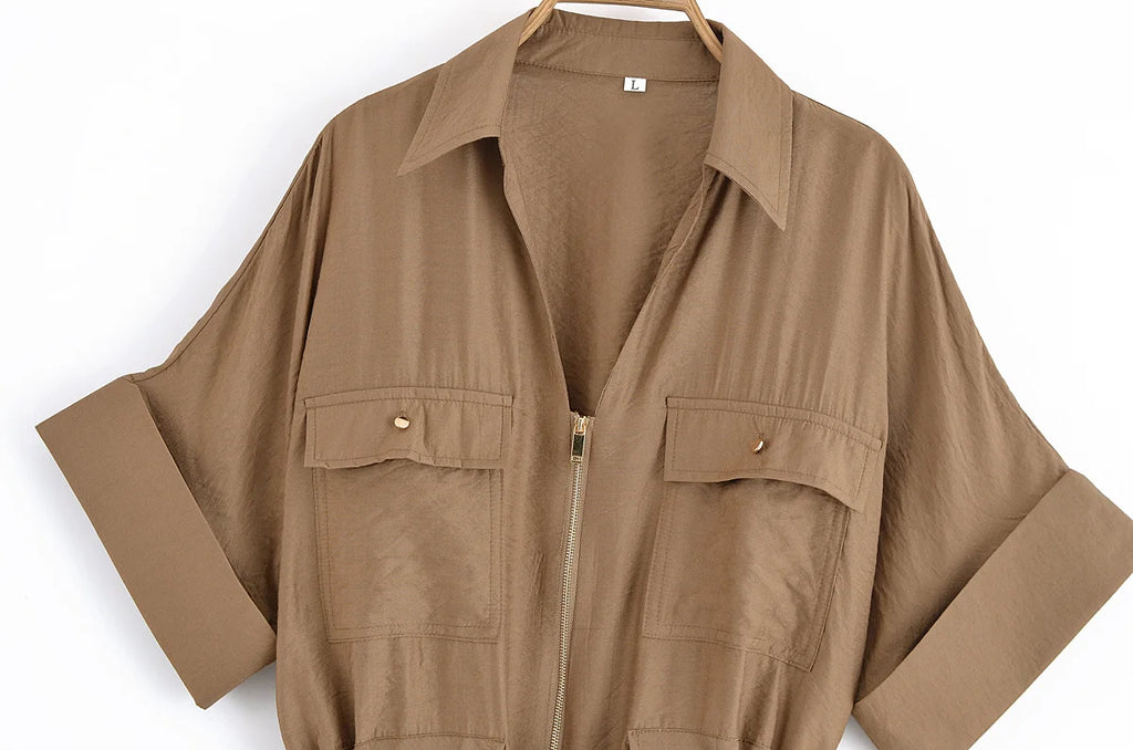 Women Adjustable Drawstring Waist Safari Shirt Short Sleeve Lapel Collar With   Pockets Loose Blouse Streetwear Lady Shirts