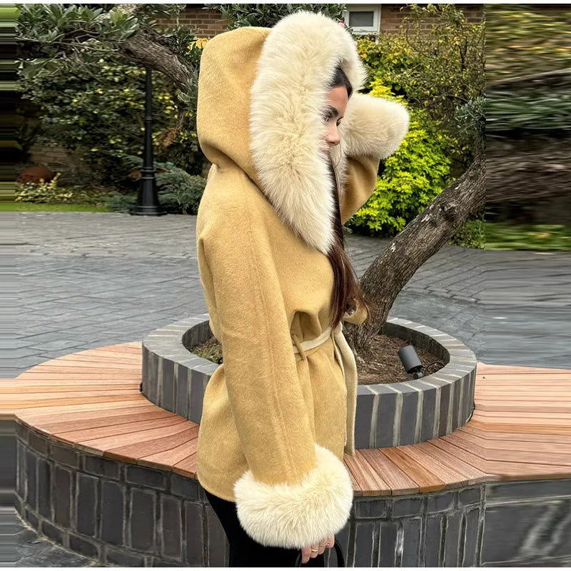 Elegant Women's Faux Fur Hoody Coat Furry Patchwork Lace Up Full Sleeve Female Jacket 2025 Autumn Winter New Lady Warm Outerwear