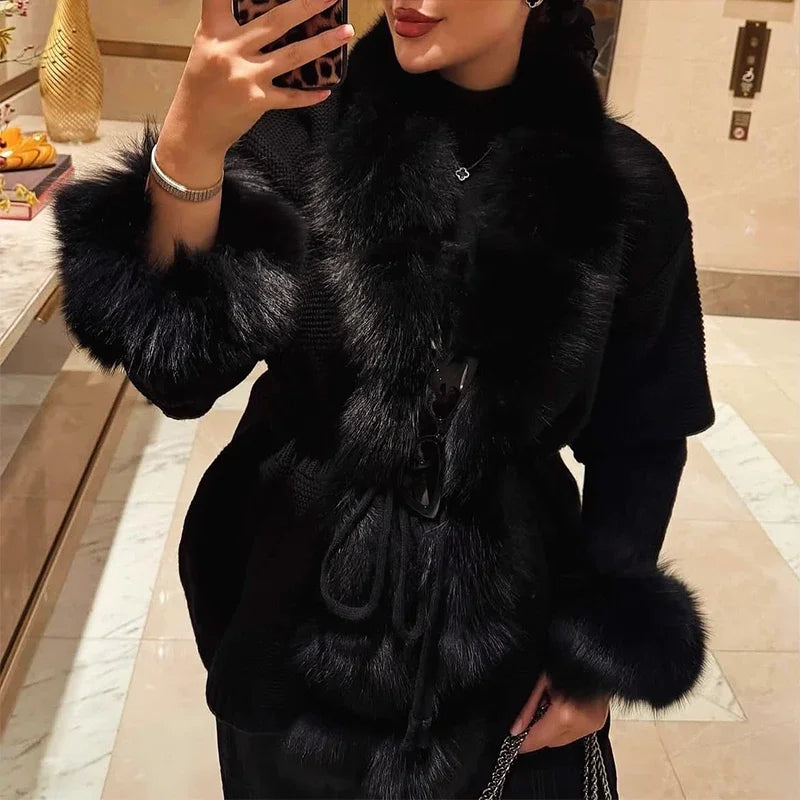 Chic Knitted Faux Fur Patchwork Women's Coat Thicken Warm Lady Coats 2025 Autumn Winter Chic Female Street Outerwears