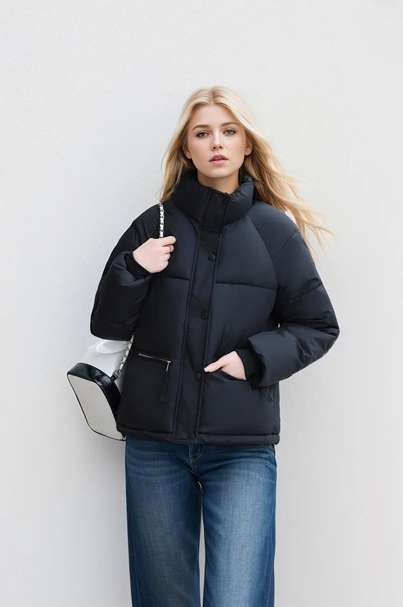 Women's Winter Puffer Coat Stand Collar Zipper Fly Pockets Loose Fit Quilted Coat For Female Thickened Lady's Thermal Coat
