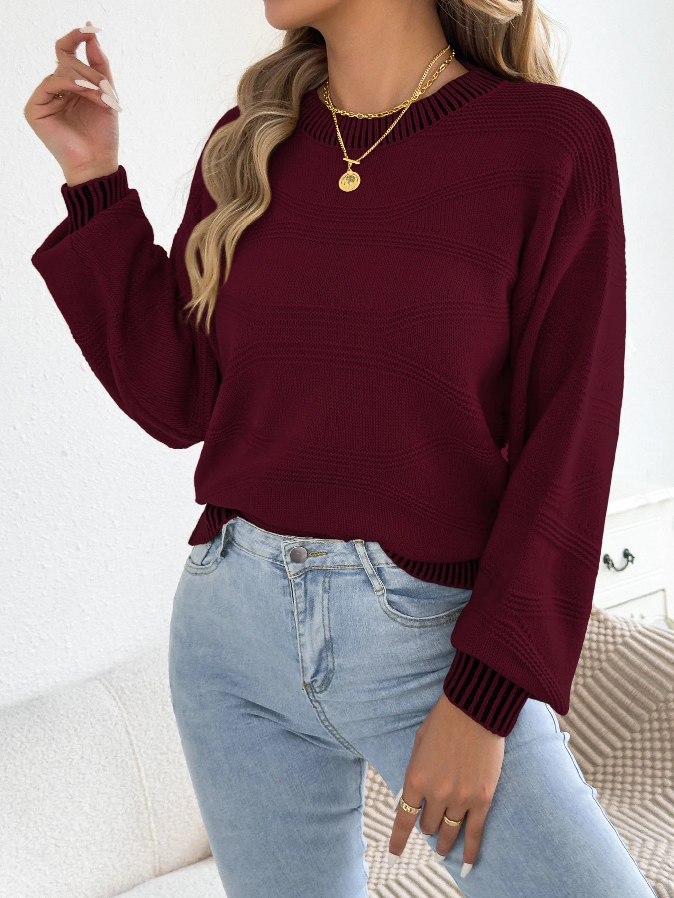 Women Striped Round Neck Pullover Sweater Long Sleeve Fall Winter Vacation Ready Knit Tops