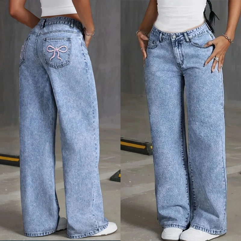 Denim Wide Leg Jeans High waisted  Bow Embroidered Pocket Wide Leg Jeans Fashionable Women's Trousers Casual Style