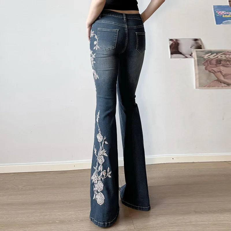 Flare Pants Jeans Women Embroidery Boot Cut Low Waist Washed Distressed Pockets Floor Length Streetwear 2025 Denim Trousers