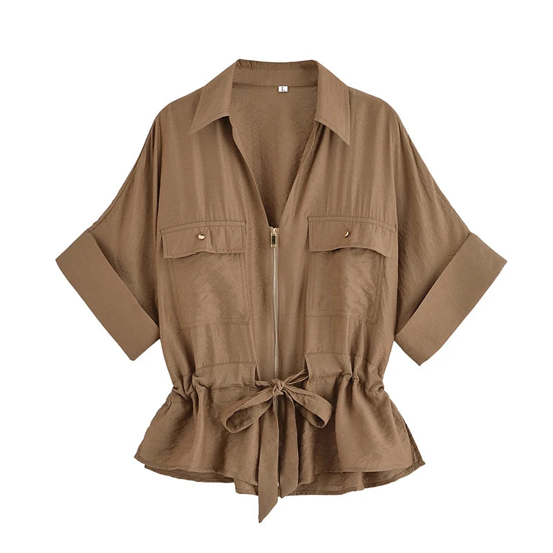 Women Adjustable Drawstring Waist Safari Shirt Short Sleeve Lapel Collar With   Pockets Loose Blouse Streetwear Lady Shirts