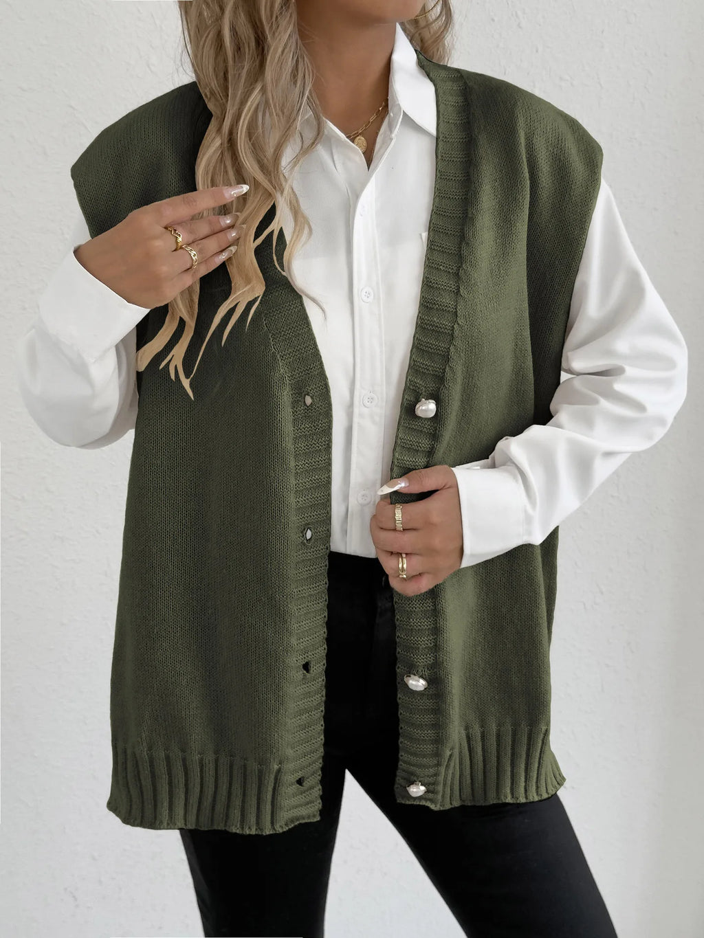 Women's Tops Autumn and Winter Vest Women's Clothing Pearl Button Loose Casual Cardigan Sweater Vest
