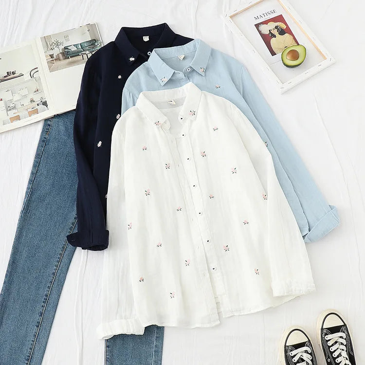 2025 Spring Autumn New Fresh Cotton Yarn Ladies Long Sleeve Shirt Flower Embroidered Women's Casual Shirt Female Blouse Clothes