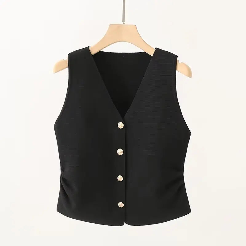 Womens Gold Button Front Vest V-Neck Ruched Waist Sleeveless Knit Jacket Casual Chic Spring Summer 2025 Trendy Outfit