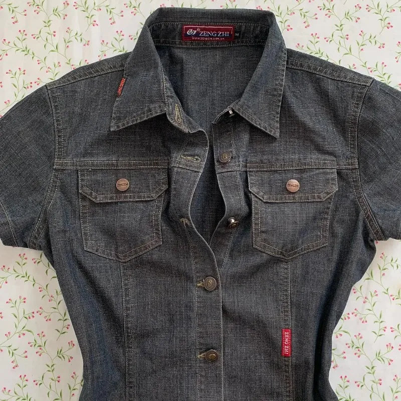 American Harajuku Retro Wash Fashionable Sexy Denim Short-sleeved 2025 New Street Fashion Brand Casual Slim-fit Women Shirt